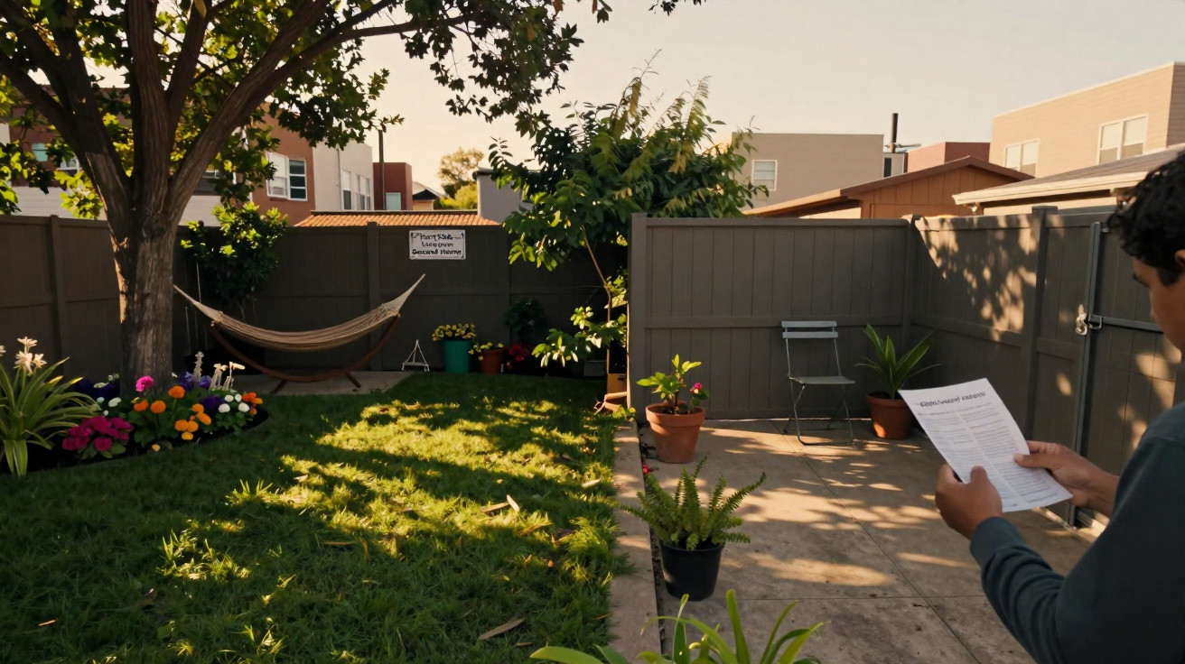 Jardim com árvores, flores, rede pendurada e pessoa lendo documento em área de concreto.