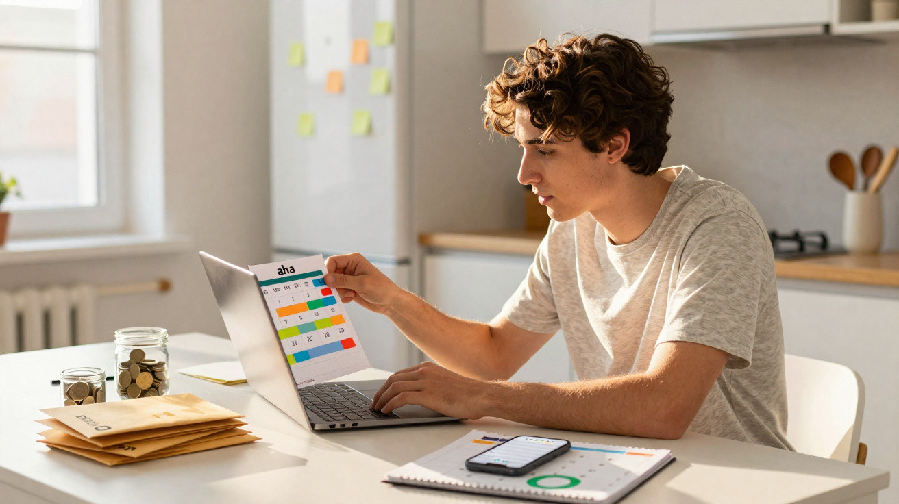 Jovem sentado à mesa em ambiente iluminado, analisando calendário colorido e usando laptop.