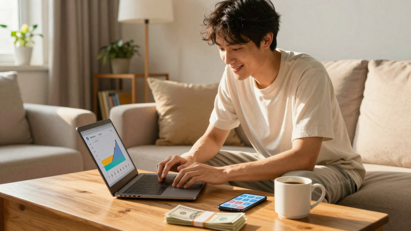 Homem sorrindo usando laptop com gráfico, celular, dinheiro e caneca em mesa de madeira na sala.