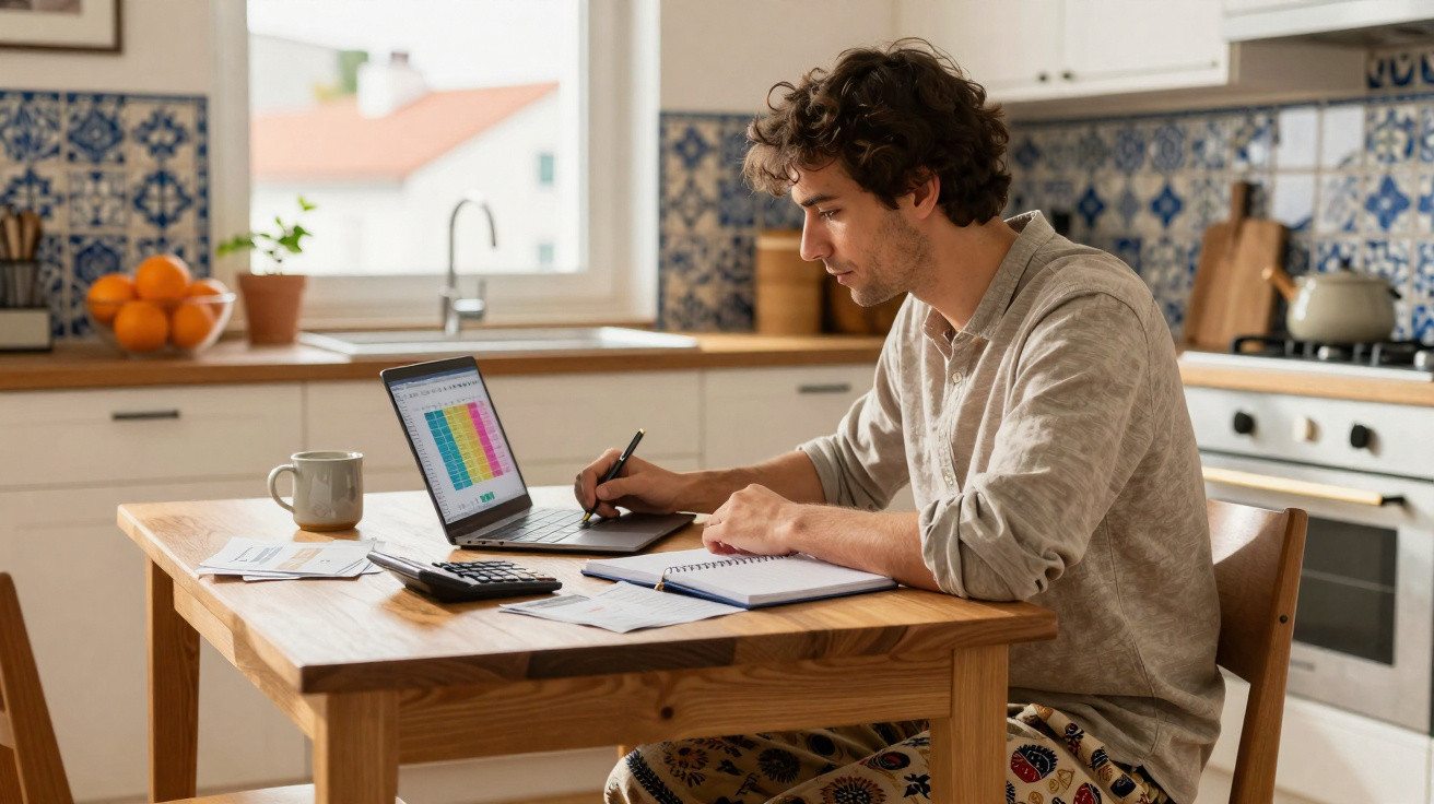Homem sentado à mesa da cozinha trabalhando em finanças no laptop e anotando em caderno.
