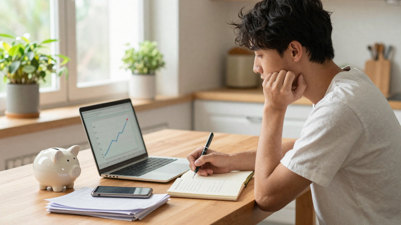 Jovem avaliando gráfico financeiro no laptop enquanto anota informações em caderno na mesa de madeira.