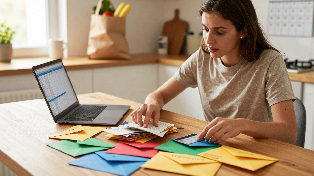Mulher sentada à mesa organizando documentos e cartas coloridas com laptop aberto ao lado em ambiente de cozinha.