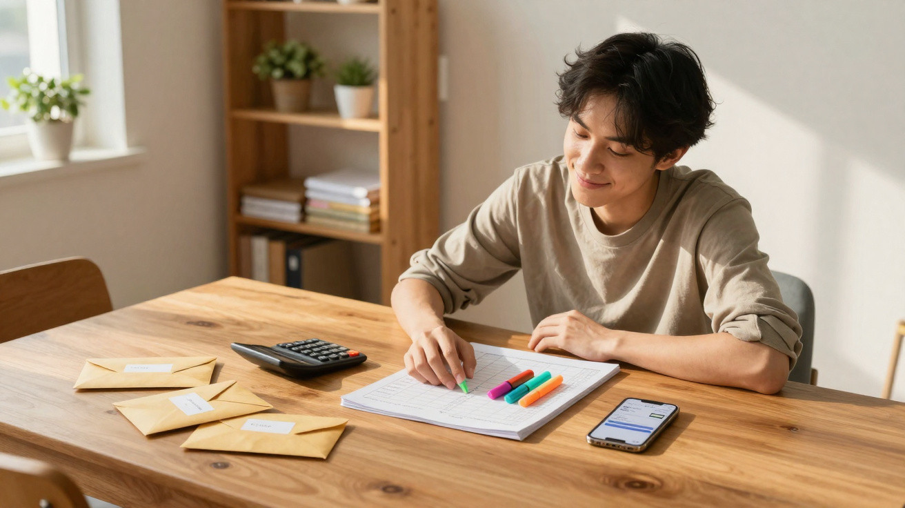 Jovem sentado à mesa escrevendo em caderno com canetas coloridas, envelopes, calculadora e celular à frente.