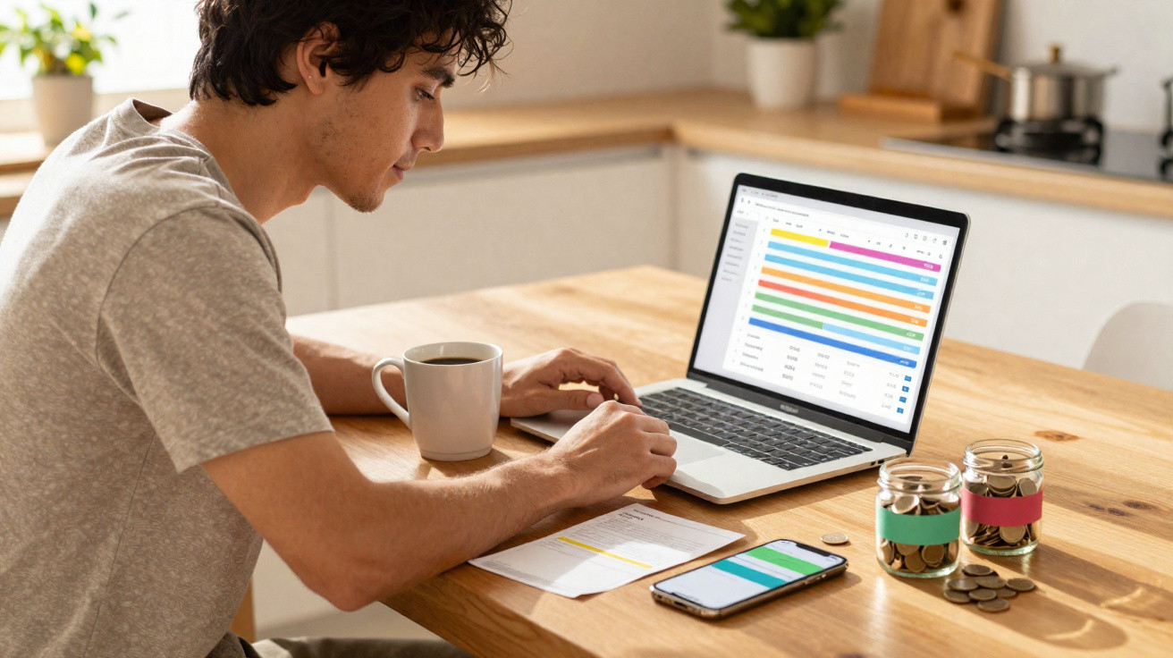 Jovem sentado à mesa usando laptop para controle financeiro, com xícara, celular e potes com moedas ao redor.