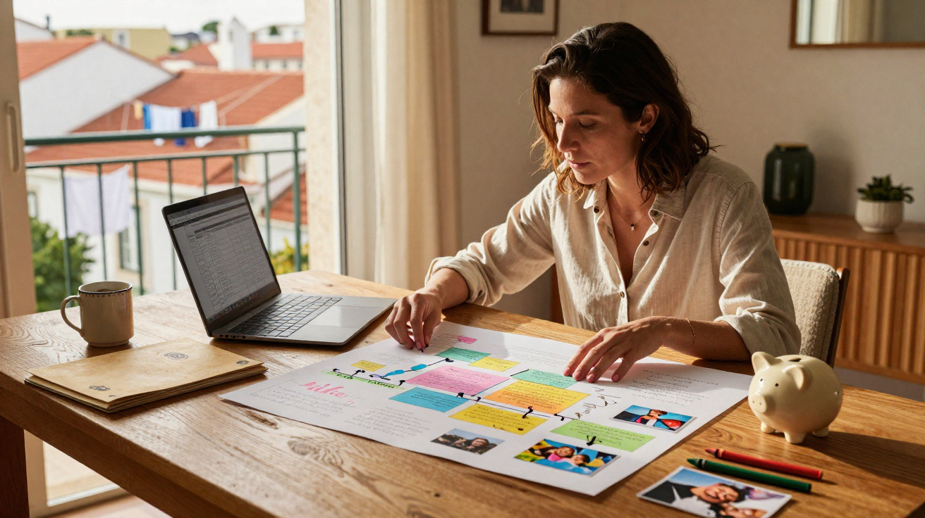 Mulher analisando pôster colorido em mesa de madeira com laptop, canecas e cofrinho em ambiente iluminado.