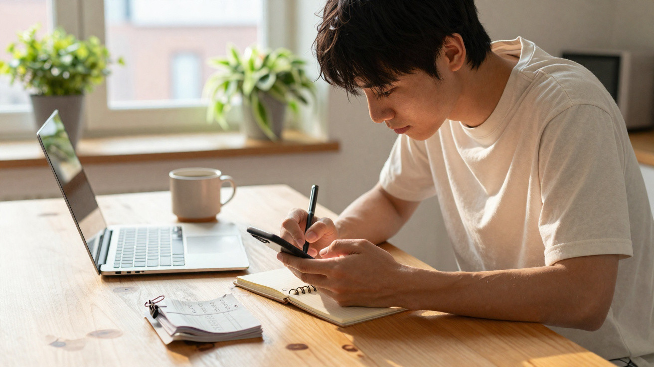 Jovem concentrado usando celular para anotar informações em caderno ao lado de laptop e xícara em mesa.