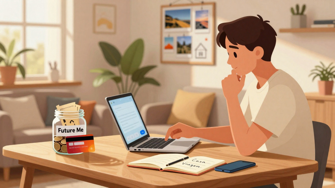 Jovem pensando ao usar laptop, com caderno, celular e pote com moedas e cartão na mesa aconchegante.
