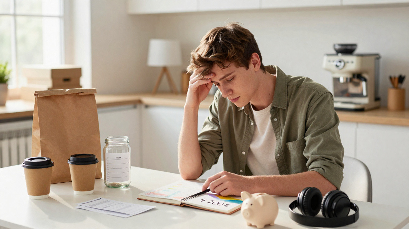 Jovem preocupado analisando suas finanças em um caderno, com cofrinho e fones sobre a mesa na cozinha.
