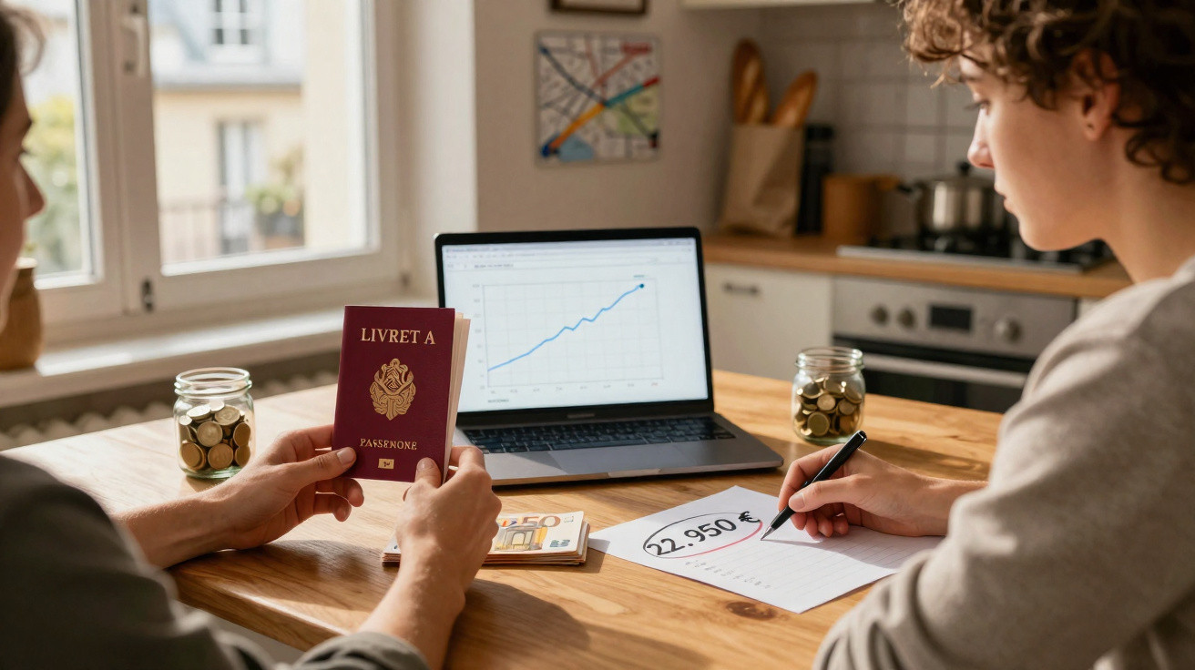 Duas pessoas analisando finanças em mesa com laptop, moedas, passaporte e nota marcada com 22.950 euros.