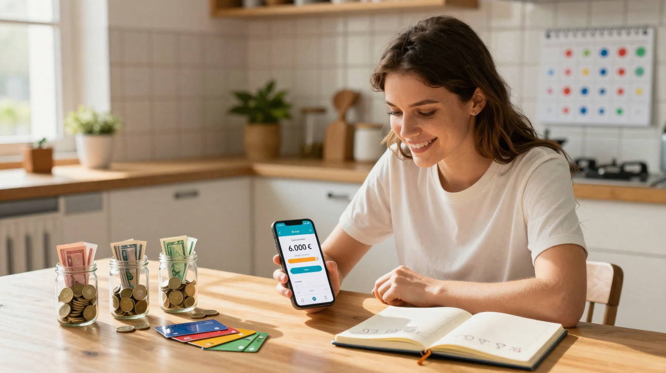 Mulher sorrindo organiza finanças com celular, moedas em potes e caderno em mesa na cozinha.