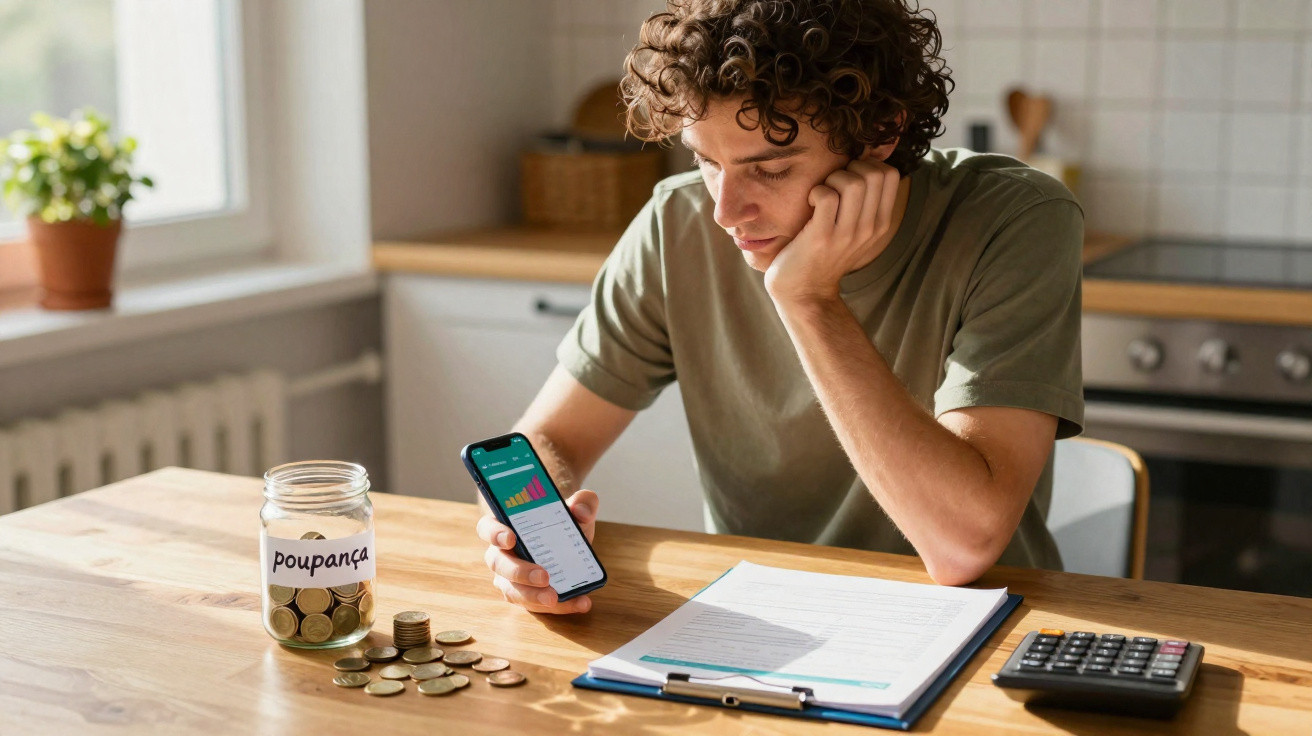 Jovem sentado à mesa olhando saldo em celular, com cofrinho de moedas, documentos e calculadora na cozinha.