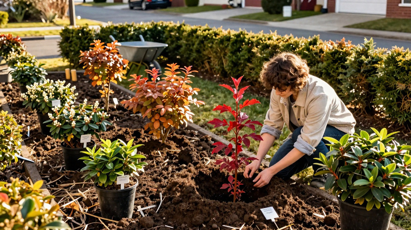 Pessoa plantando arbusto jovem em jardim urbano, cercado por vasos com outras plantas variadas.