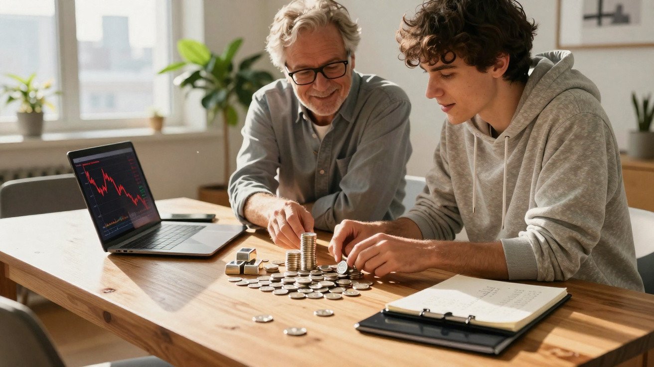Homem mais velho e jovem organizam moedas em pilhas em mesa com laptop, caderno e gráficos financeiros.