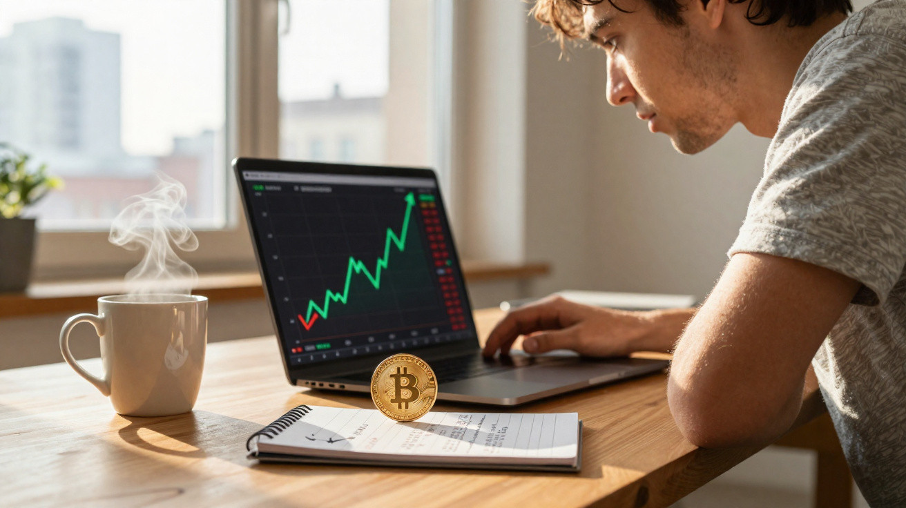 Homem observando gráfico de alta do bitcoin no laptop com xícara de café e bloco de notas na mesa.