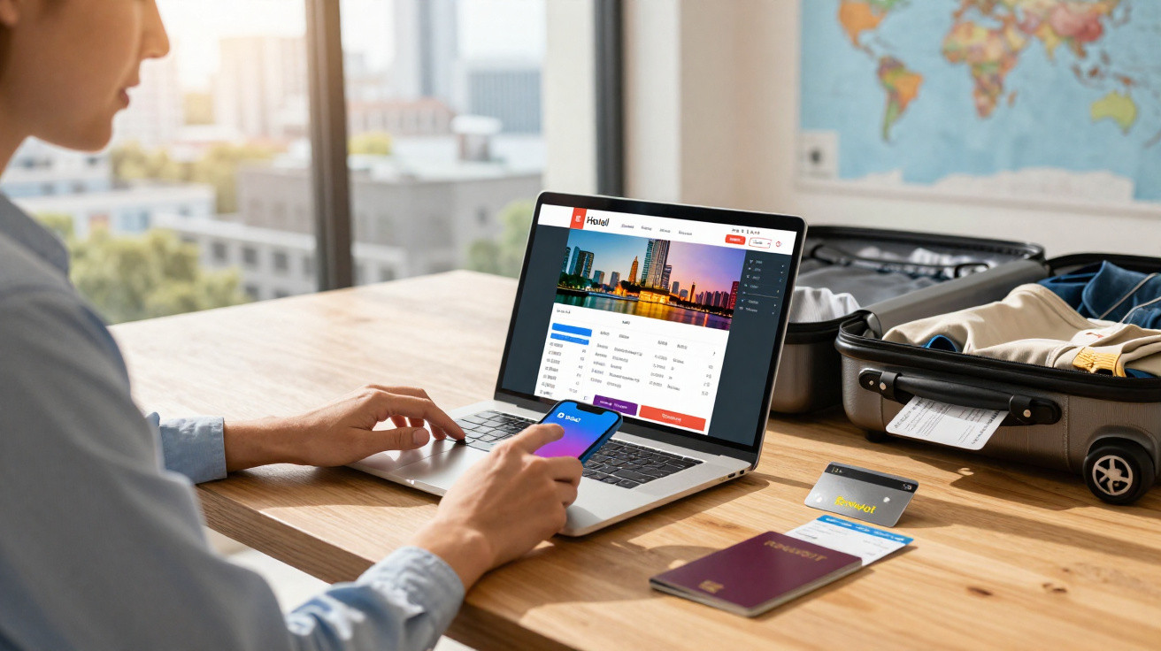 Pessoa pesquisando passagens aéreas em laptop, com smartphone, passaporte e mala aberta ao lado em mesa de madeira.