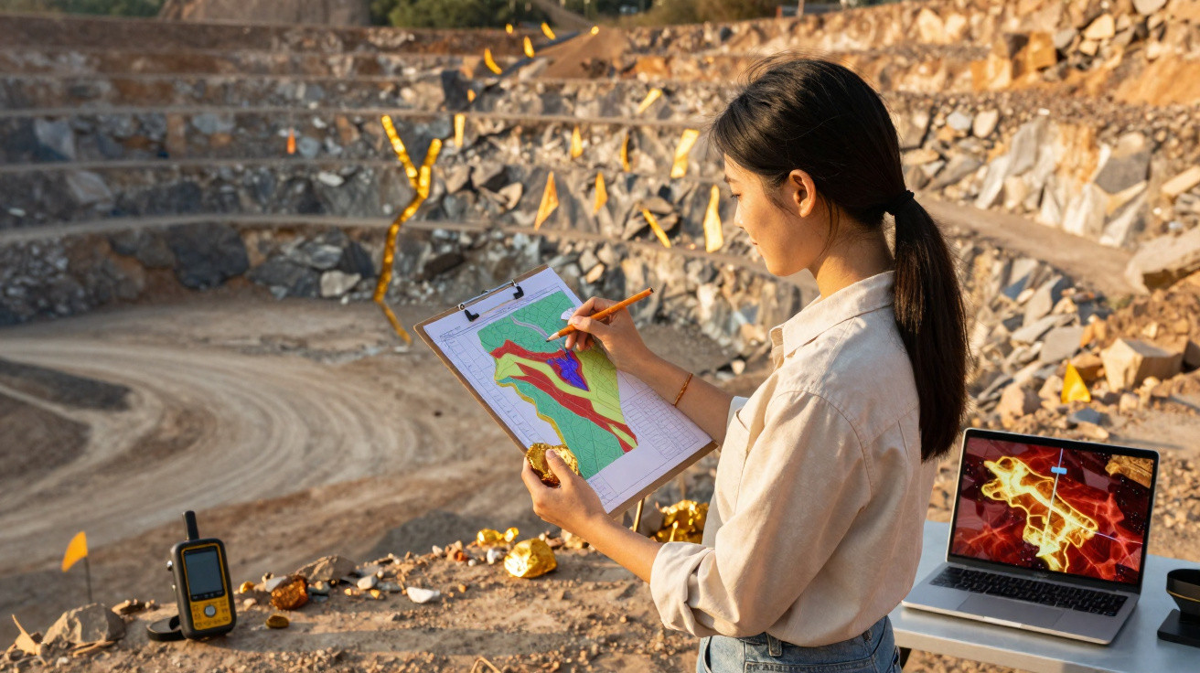 Mulher analisa mapa geológico em mina a céu aberto com amostras de minério e laptop ao lado.