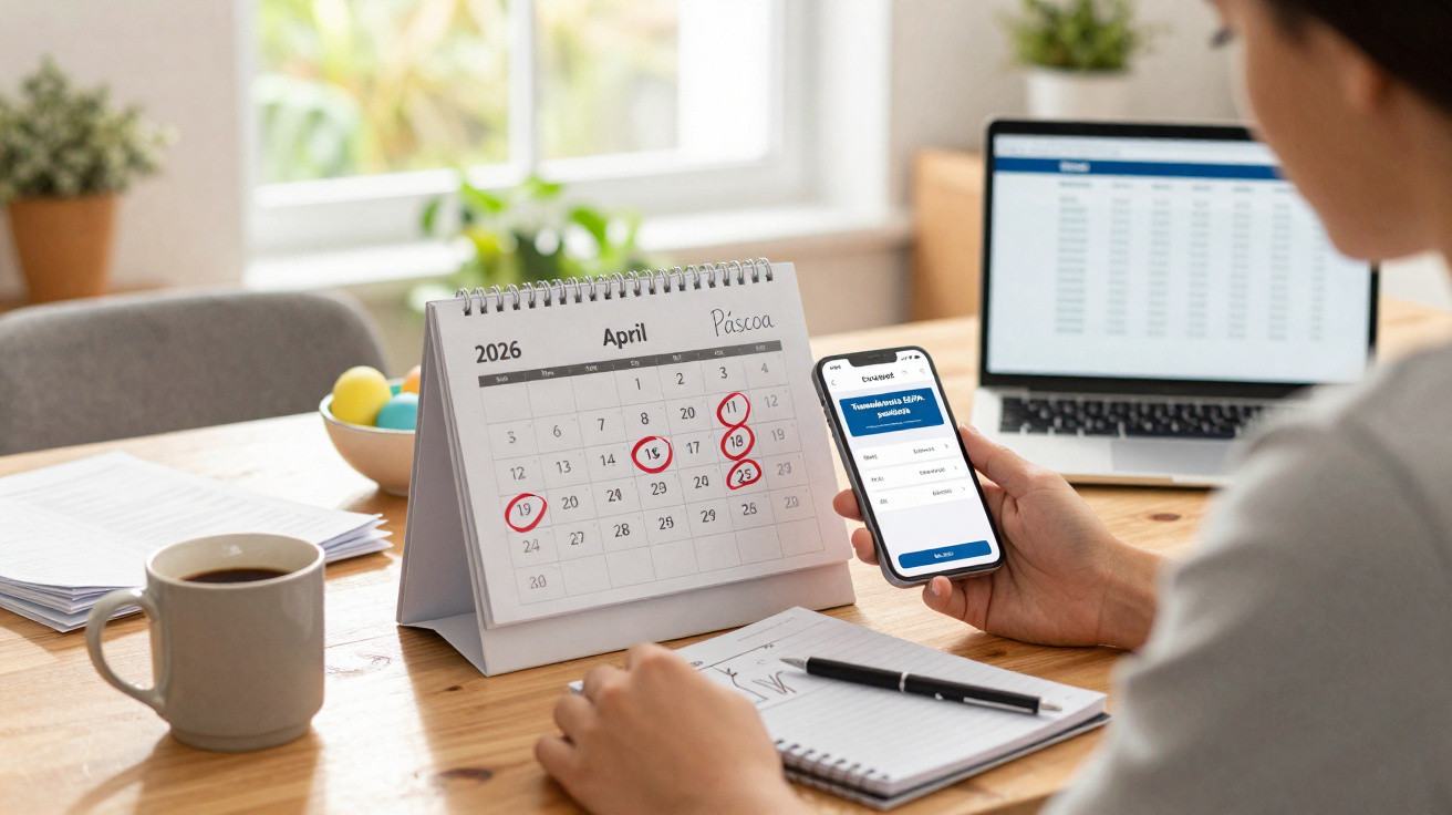 Pessoa usando celular com calendário de abril de 2026 marcado e laptop em mesa de trabalho com café e cadernos.