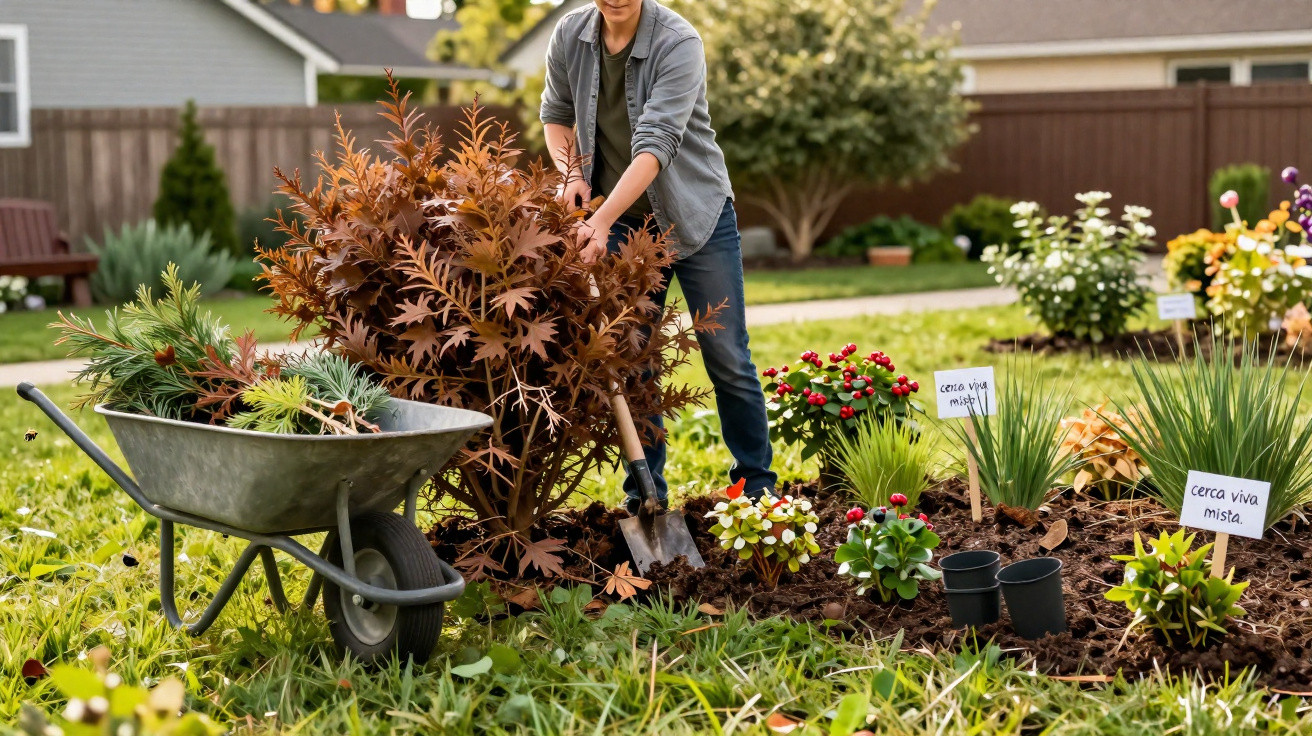 Pessoa plantando arbusto em jardim com carrinho de mão cheio de plantas e placas indicativas.