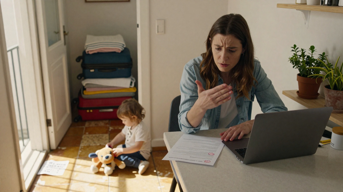 Mulher preocupada revisando documentos no laptop enquanto criança brinca no chão da sala iluminada.