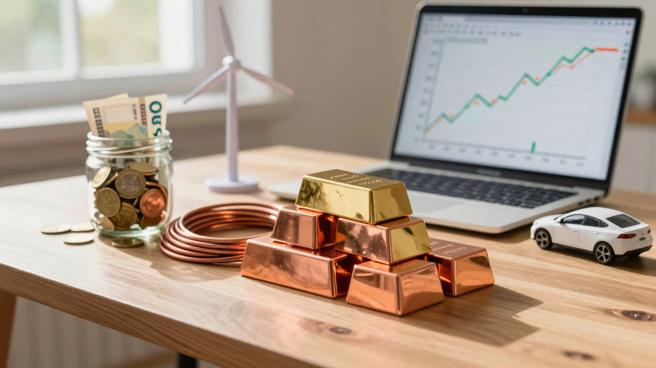 Mesa com barras de ouro e cobre, moedas em pote, mini turbina eólica, carro de brinquedo e gráfico no laptop.
