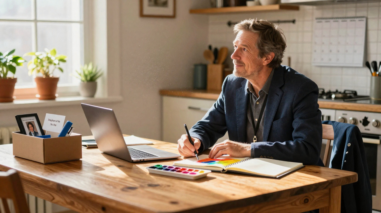 Homem adulto sentado à mesa em cozinha, pintando em aquarela com laptop aberto ao lado.