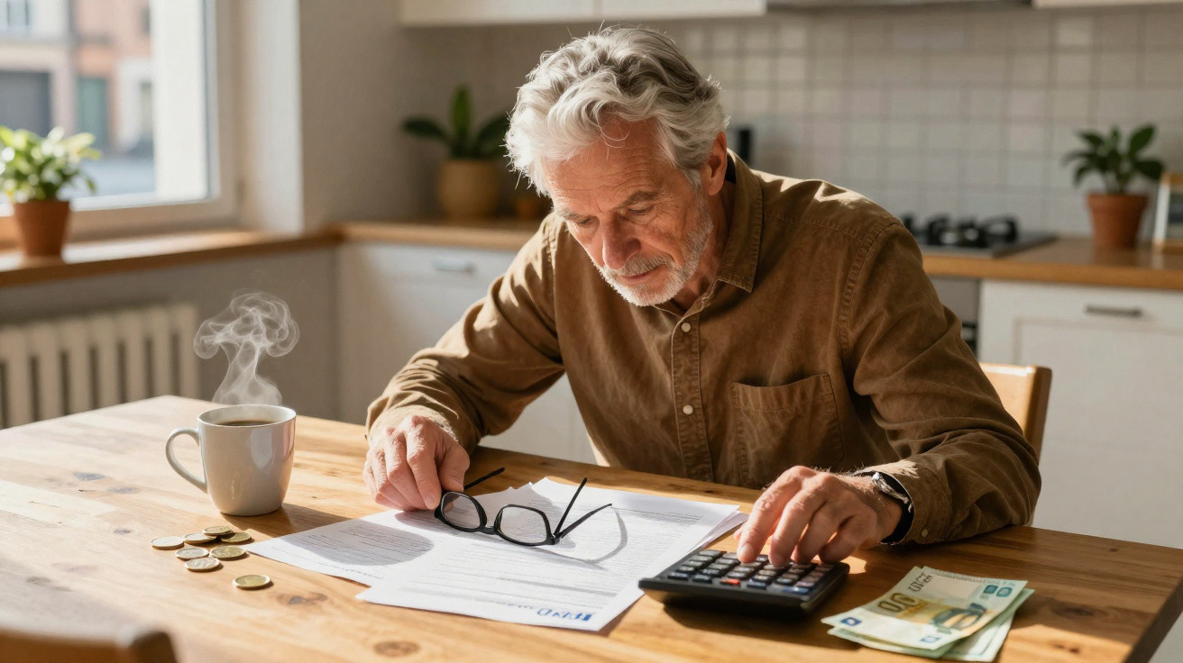 Homem idoso sentado à mesa, calculando contas com documentos, calculadora, dinheiro e café.
