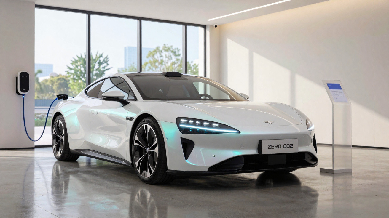 Carro elétrico branco estacionado em sala moderna, conectado para recarga na parede.