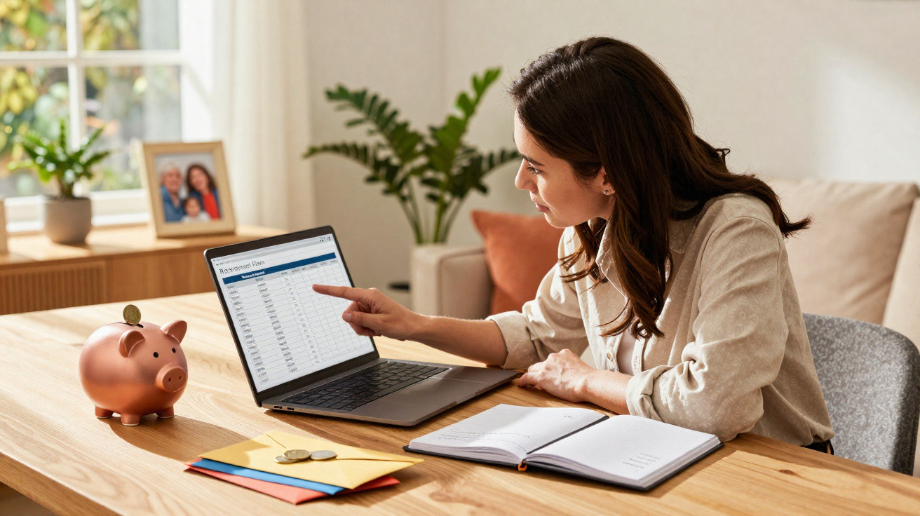 Mulher analisando planilha financeira em notebook na mesa com cofrinho e cadernos, em ambiente iluminado.