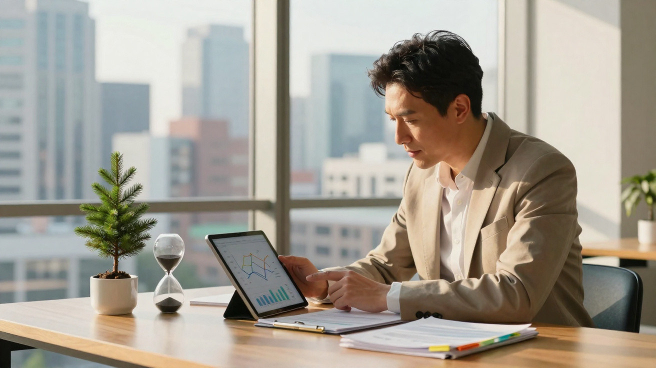 Homem analisa gráficos em tablet sentado à mesa com documentos, planta e ampulheta em escritório moderno.