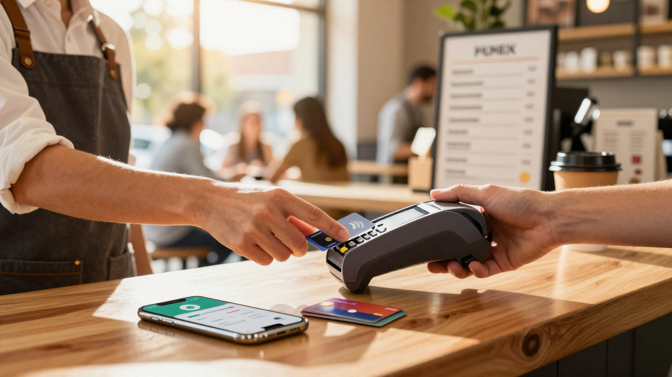 Pessoa pagando com cartão de crédito por aproximação em máquina de cartão em balcão de cafeteria.