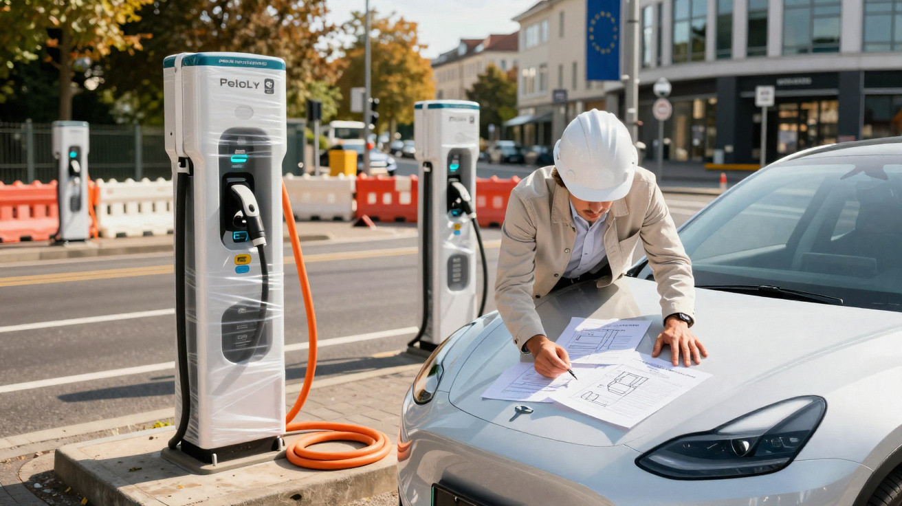 Engenheiro analisa projetos sobre capô de carro elétrico próximo a estações de recarga urbana.