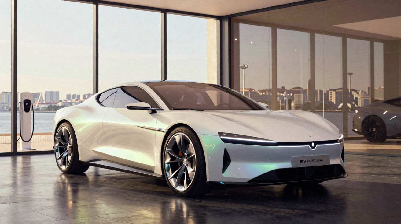 Carro elétrico esportivo branco parado em garagem moderna com grande vidro e estação de recarga ao lado.