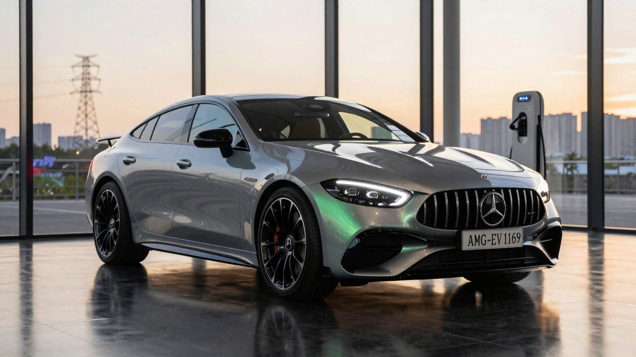 Carro esportivo Mercedes-Benz AMG elétrico prata estacionado em ambiente interno com janela panorâmica ao fundo.