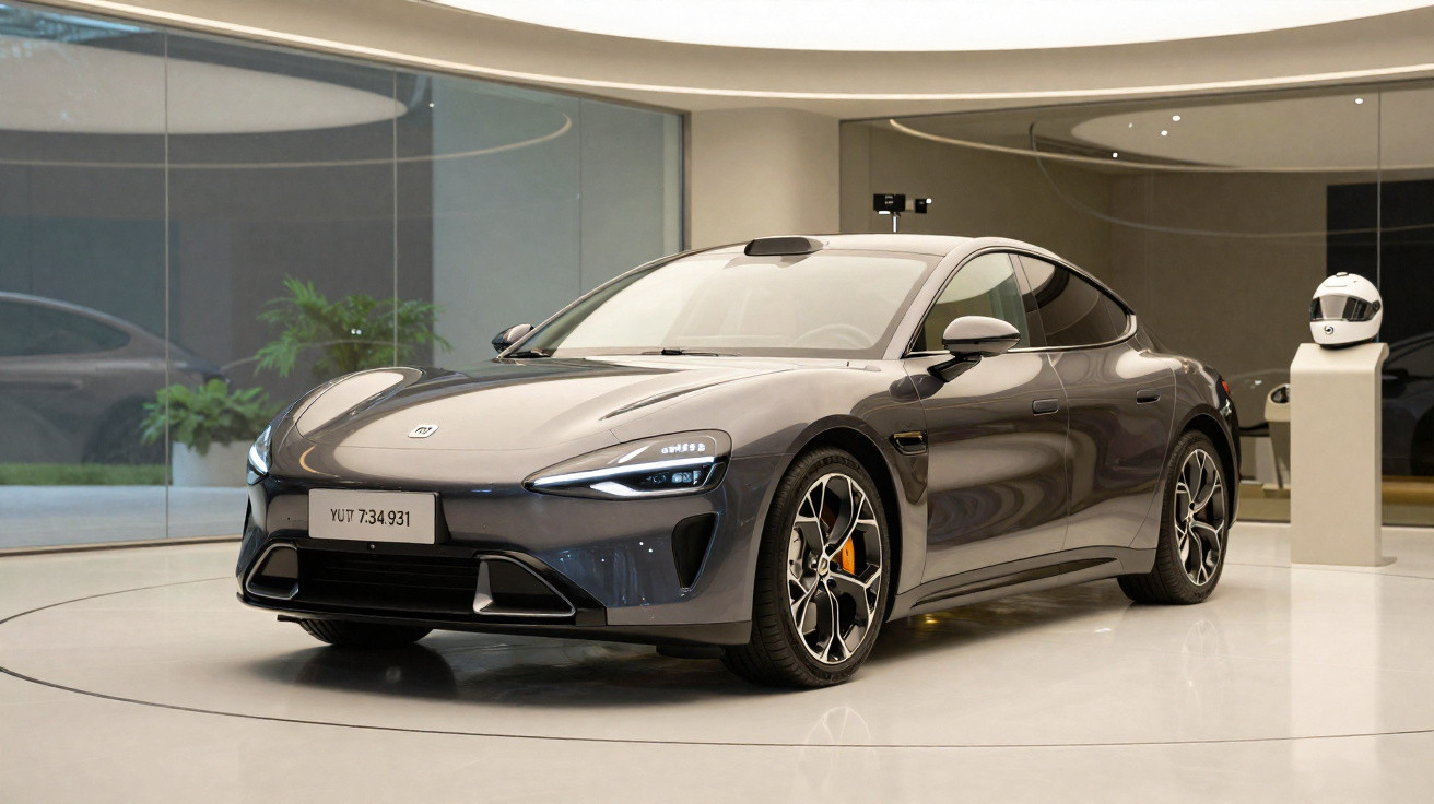 Carro esportivo elétrico cinza estacionado em showroom moderno com piso branco brilhante.