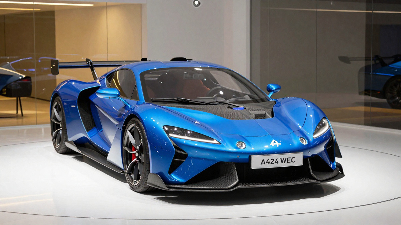 Carro esportivo azul metálico com design aerodinâmico exibido em plataforma branca dentro de showroom moderno.