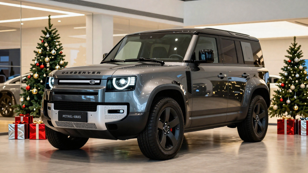 SUV cinza estacionado em showroom com duas árvores de Natal decoradas e presentes ao fundo.