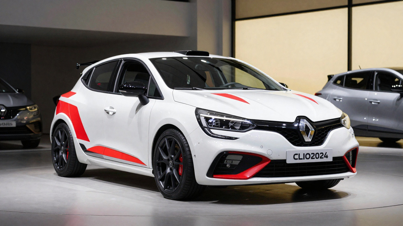 Carro branco Renault Clio 2024 com detalhes vermelhos e rodas pretas em exposição interna.