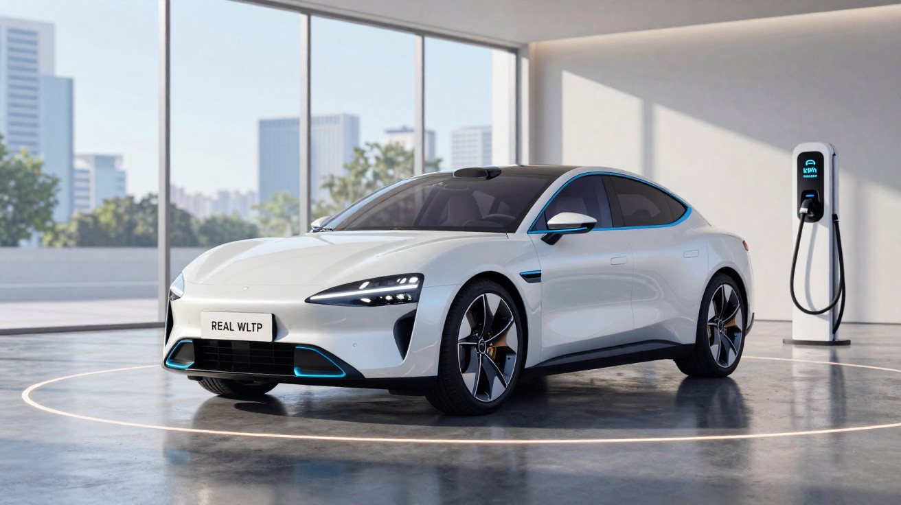 Carro elétrico branco estacionado em espaço moderno com estação de recarga ao lado.