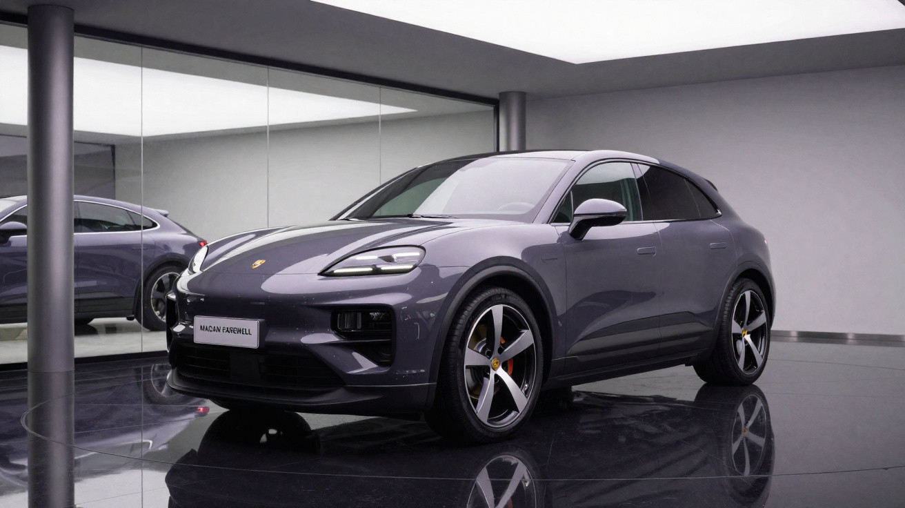 Carro Porsche Macan cinza exibido em sala de exposição moderna e minimalista com piso espelhado.