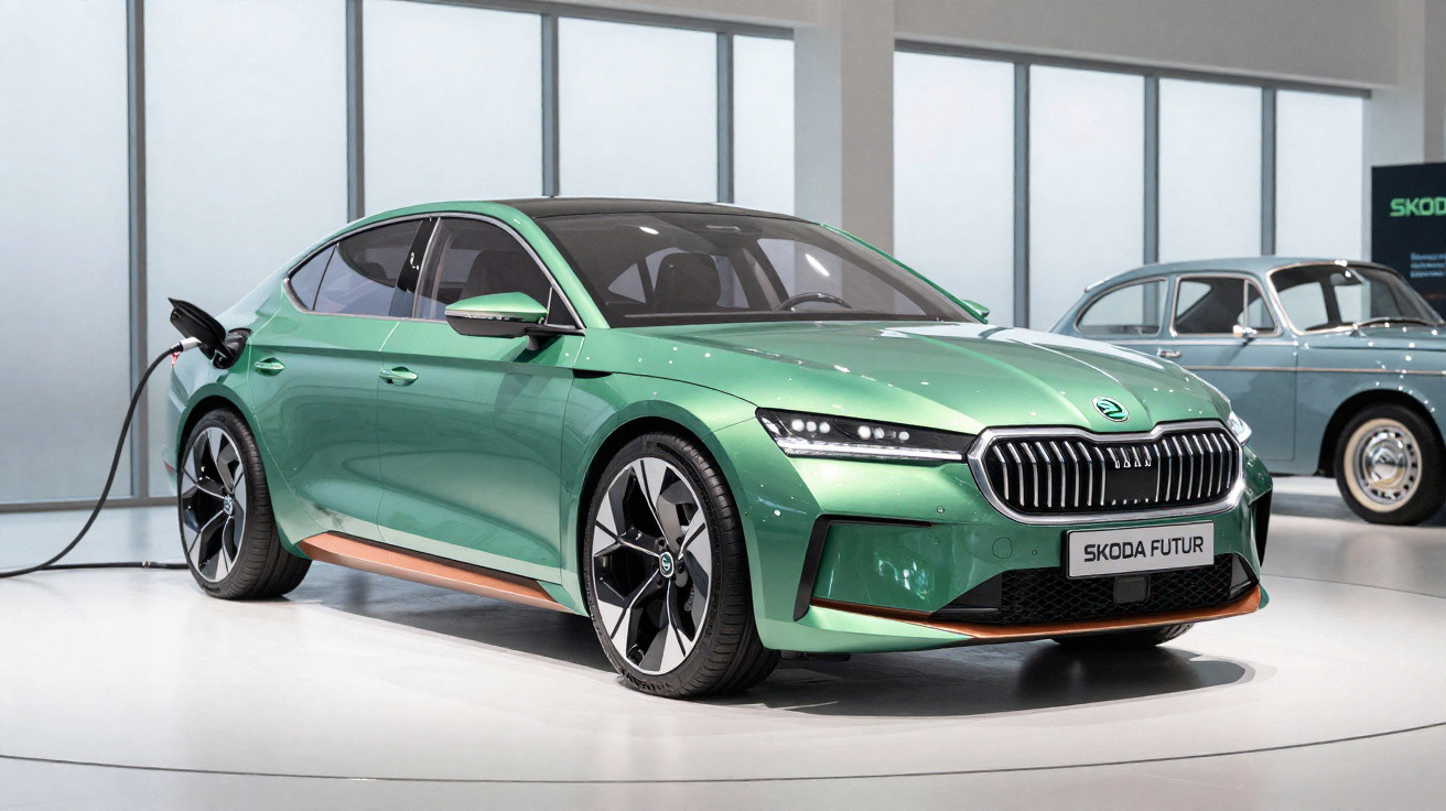 Carro elétrico verde Skoda Futur estacionado e carregando em ambiente interno moderno.
