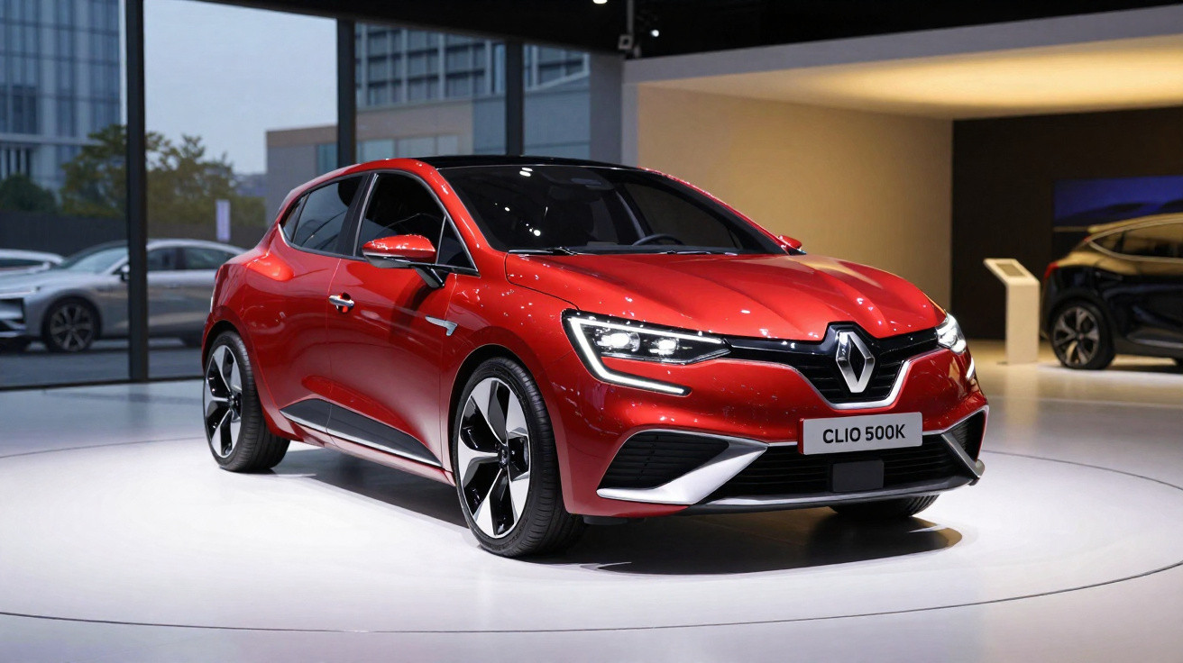 Carro hatch vermelho Renault Clio 500K em exposição, ambiente moderno e iluminação suave.