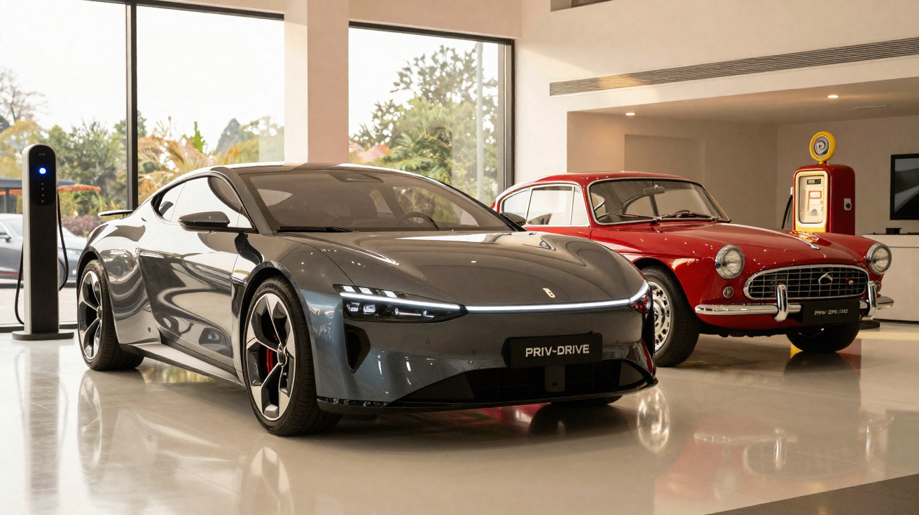 Carros esportivos cinza moderno e vermelho clássico expostos em ambiente interno com cargador elétrico ao lado.