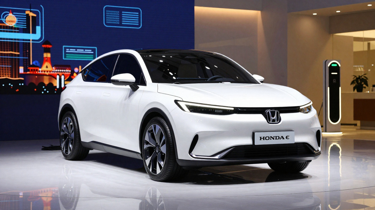 Carro elétrico branco Honda e exposto em estande com carregador ao fundo.