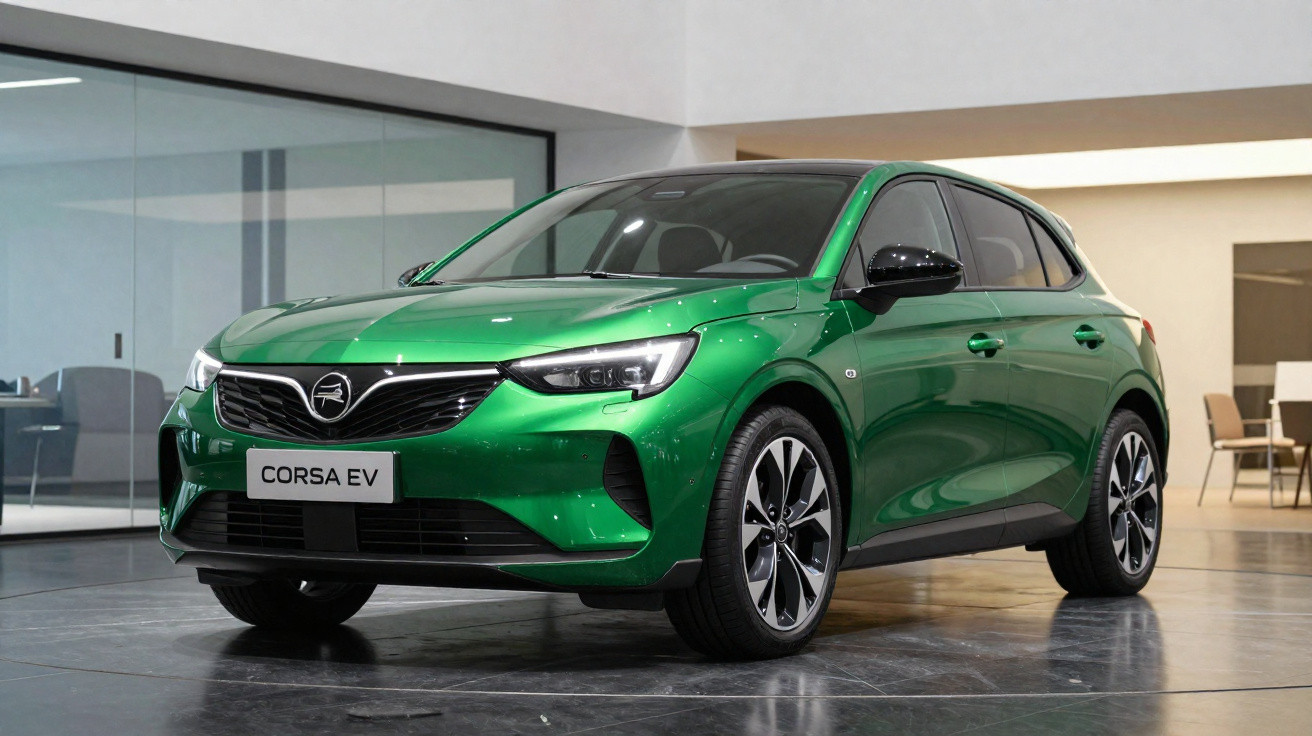 Carro elétrico verde modelo Corsa EV estacionado em ambiente interno moderno e iluminado.
