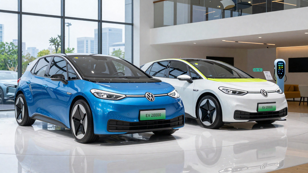 Dois carros elétricos Volkswagen em exposição, um azul e outro branco, em ambiente moderno e iluminado.