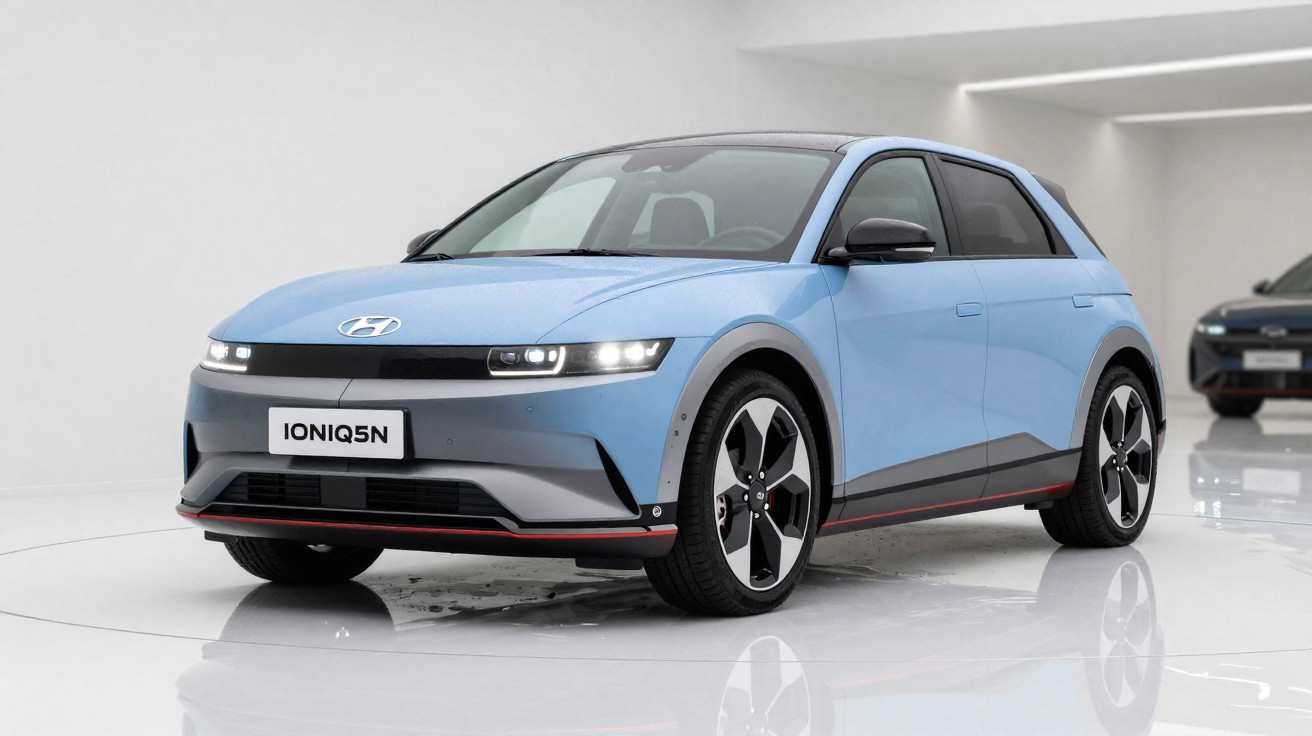 Carro elétrico Hyundai Ioniq 5 N azul em estúdio com fundo branco, vista frontal lateral direita.