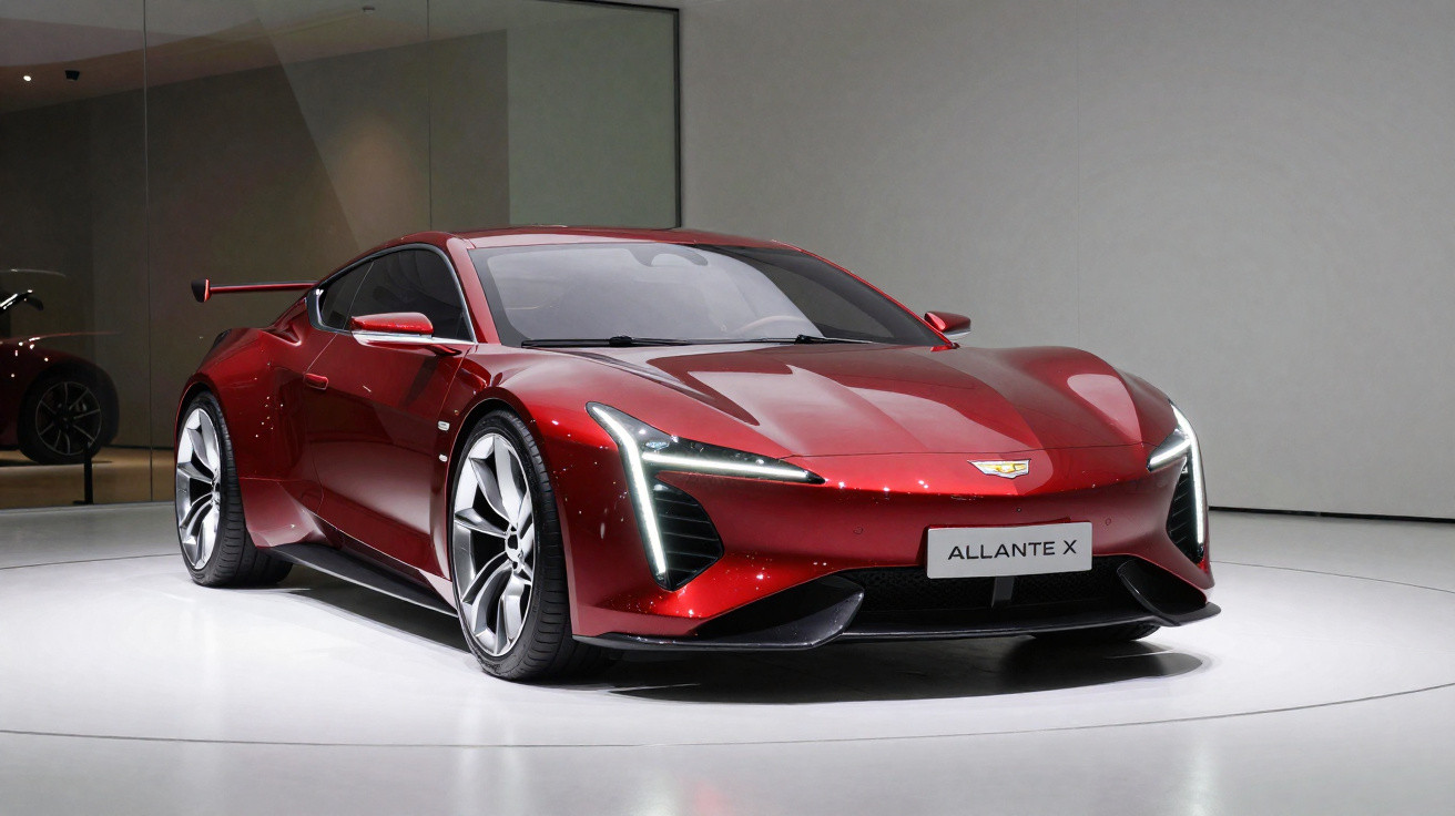 Carro esportivo vermelho Cadillac Allante X exibido em ambiente interno com iluminação branca.