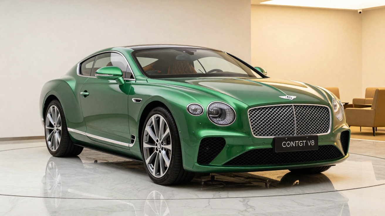 Carro esportivo Bentley Continental GT V8 verde em exposição, com acabamento brilhante e interior marrom.