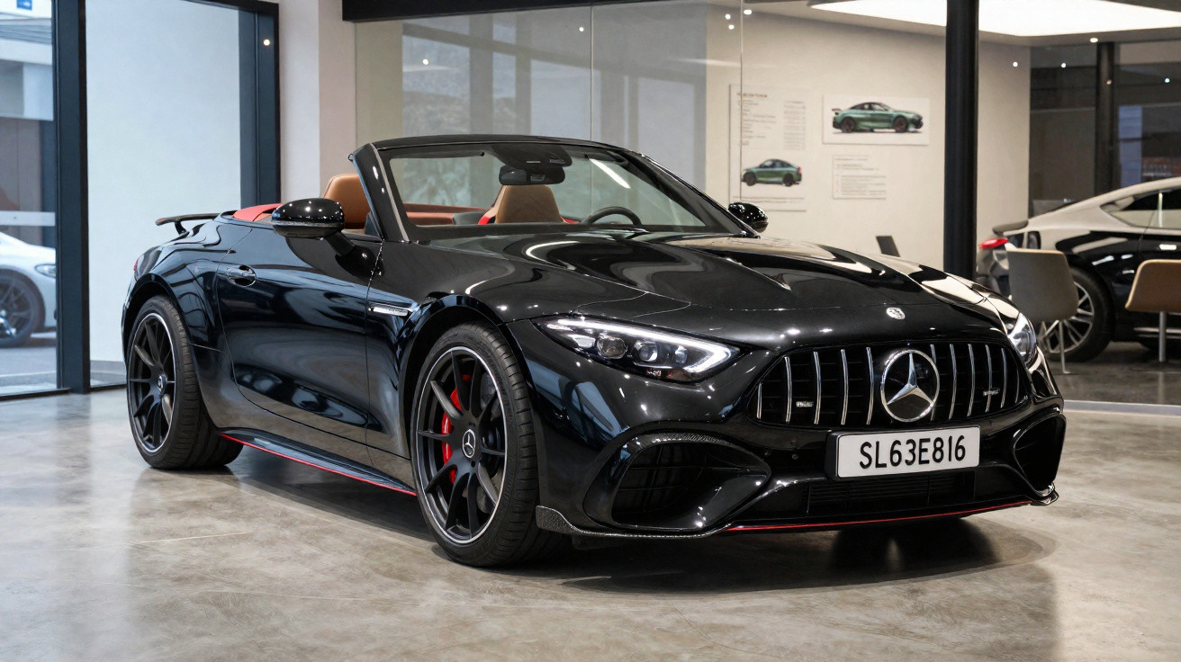 Carro conversível esportivo preto Mercedes-Benz com rodas pretas e interior marrom em showroom.