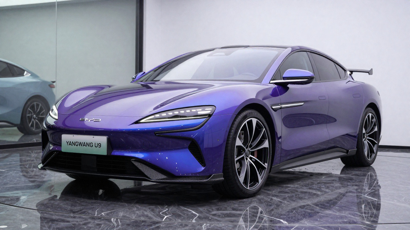 Carro esportivo elétrico azul metálico Yangwang U9 em exposição com rodas grandes e aerofólio traseiro.